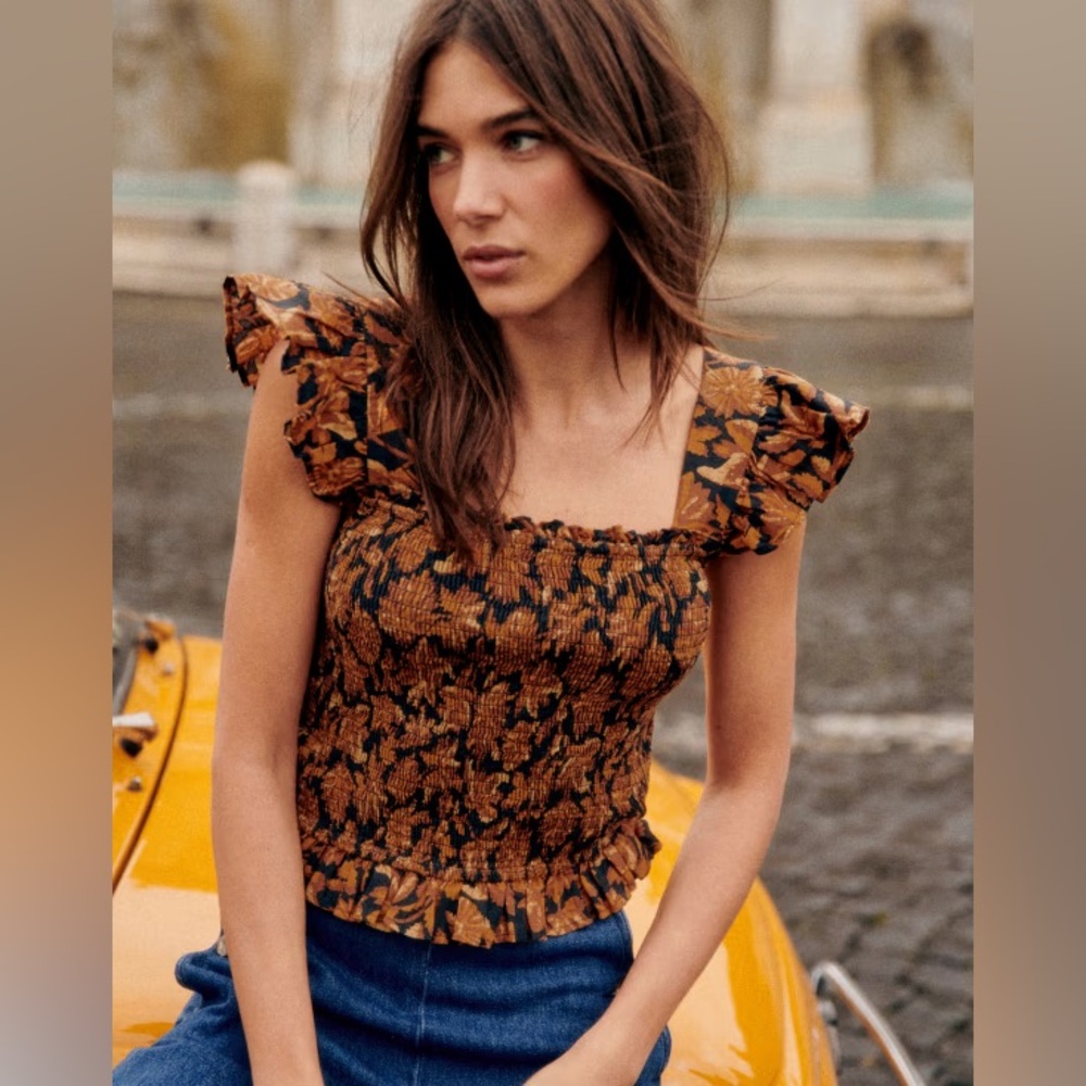 Sezane Floral Ruffle Tank Top in Black and Brown